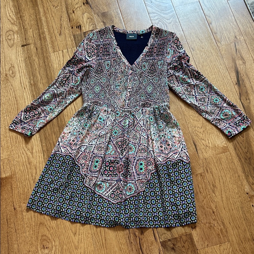 Anthropologie Maeve Womens Tiled Amethyst Smocked Long Sleeve Dress Size L Lined